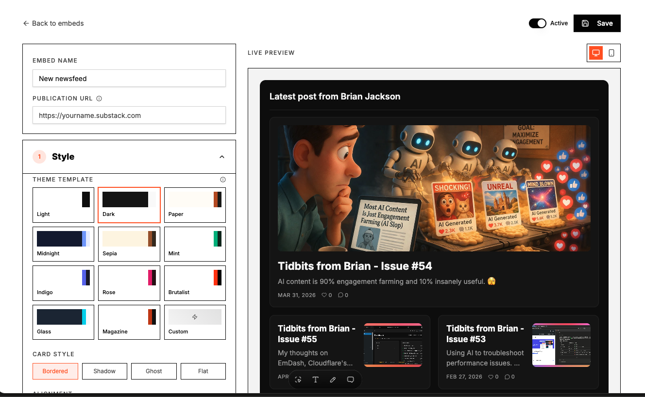 Newsfeed editor showing embed name, publication URL, theme templates and card style with a live preview