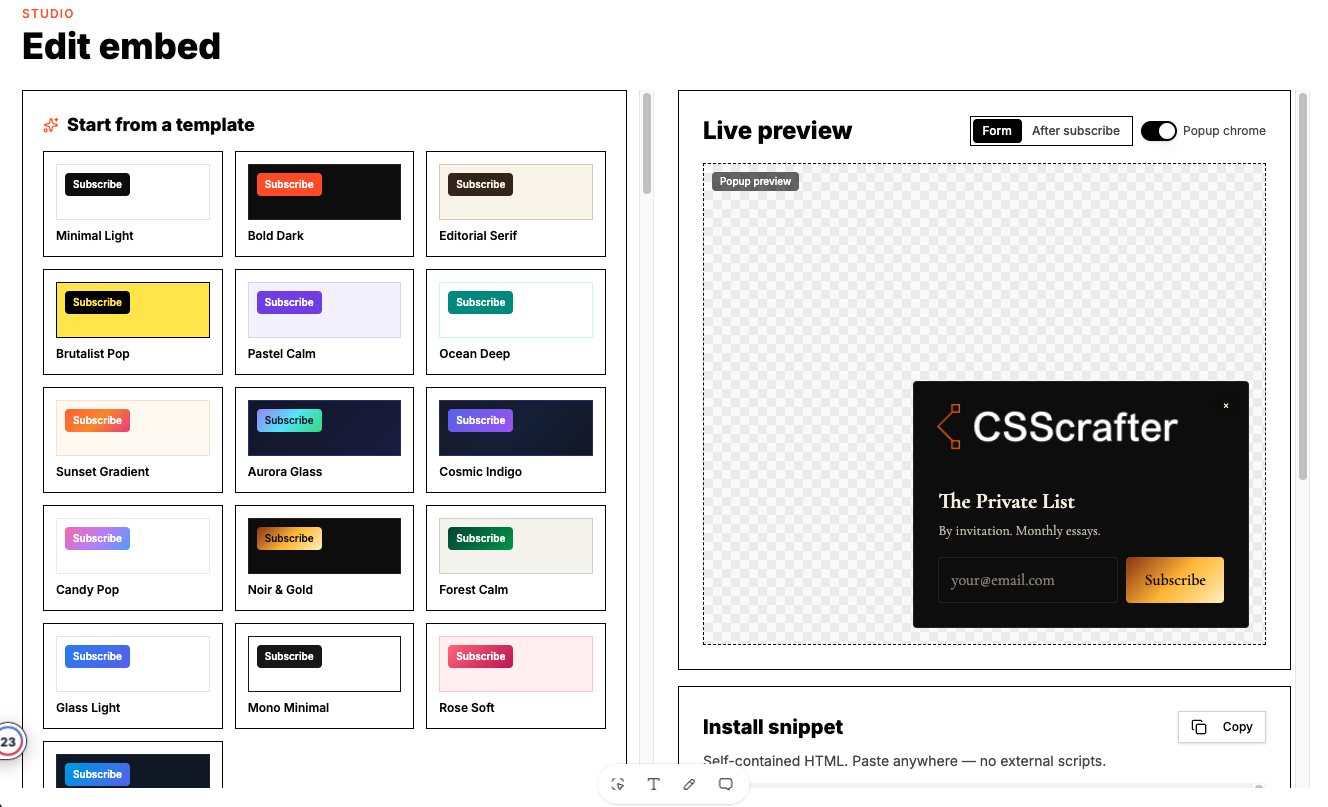 Quillo Edit embed screen showing the template gallery on the left and the live preview on the right