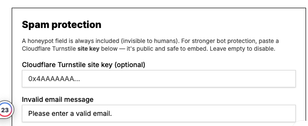 Spam protection panel with a Cloudflare Turnstile site key field and invalid email message