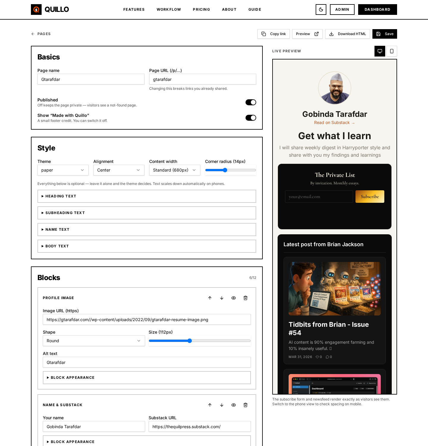 Quillo Pages builder with the block list on the left and a live page preview on the right