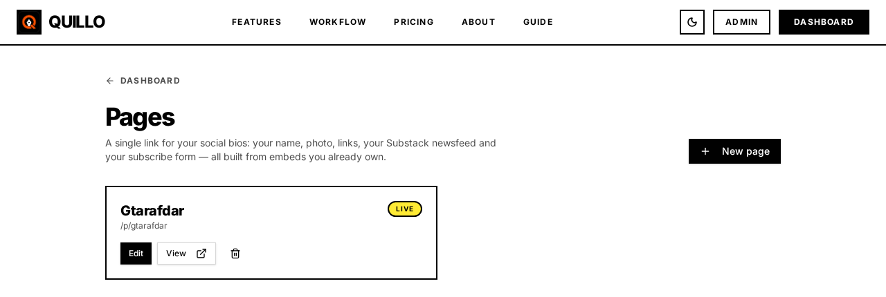 Quillo Pages list showing saved pages with their handles and status