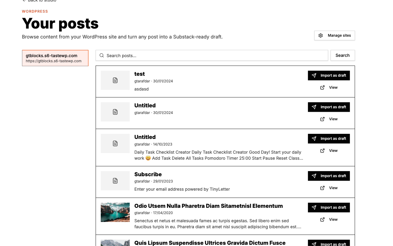 Quillo WordPress Your posts screen listing WordPress posts with Import as draft and View actions