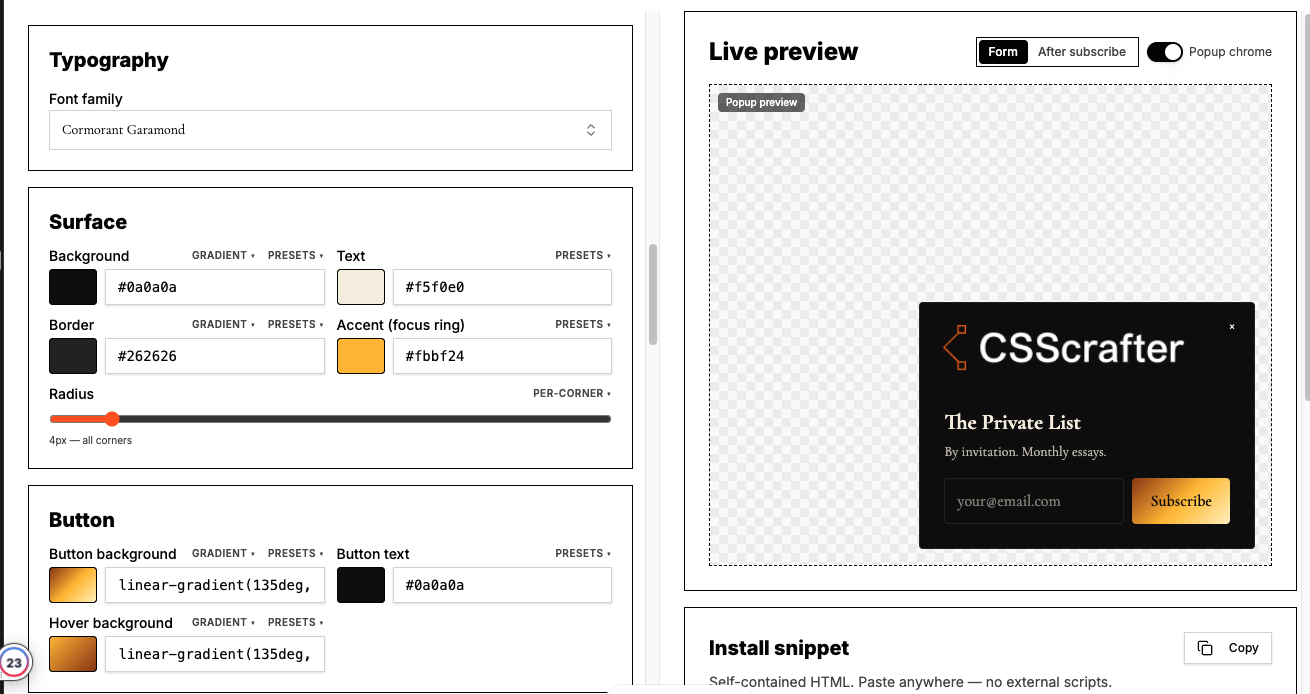 Typography, Surface and Button panels with color fields, gradient and preset helpers, and a radius slider