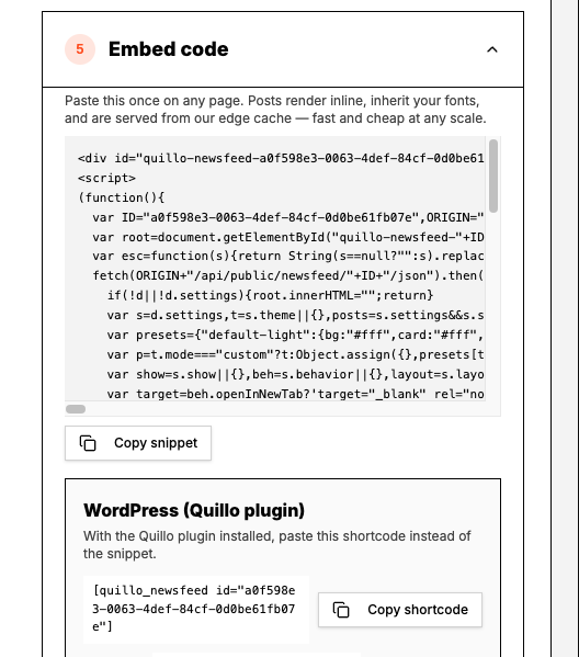 Embed code panel with the HTML snippet, Copy snippet button and the WordPress shortcode