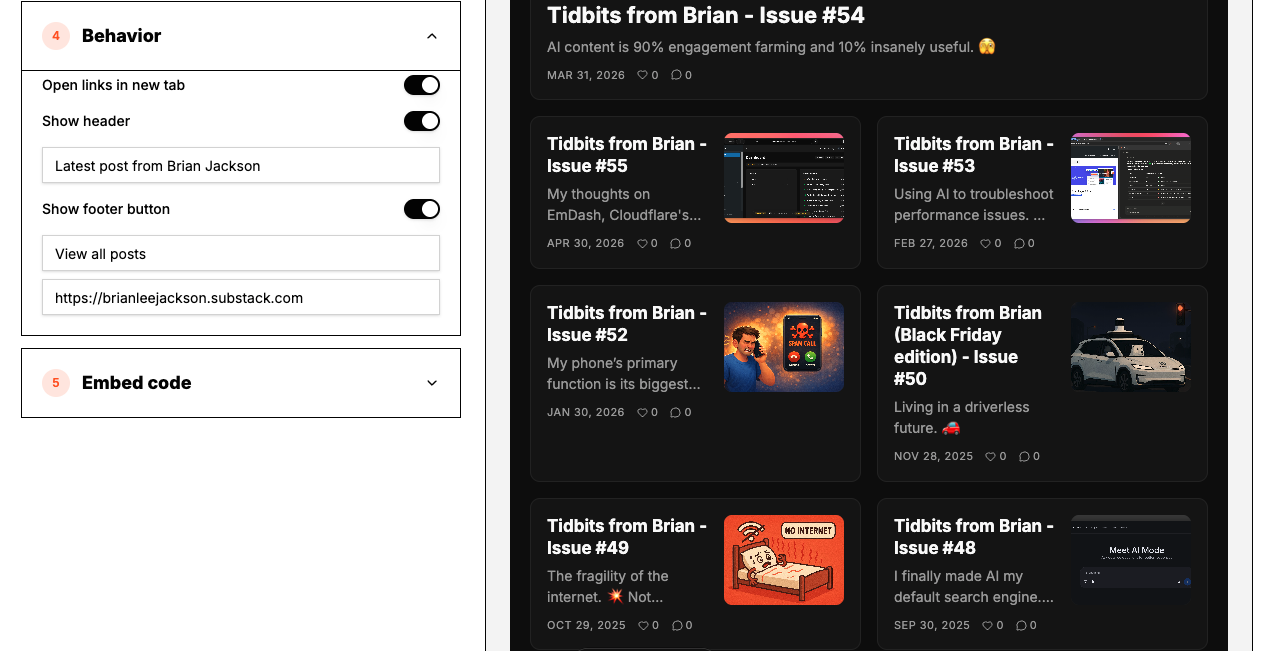 Behavior panel with new tab toggle, header title and footer button label and URL