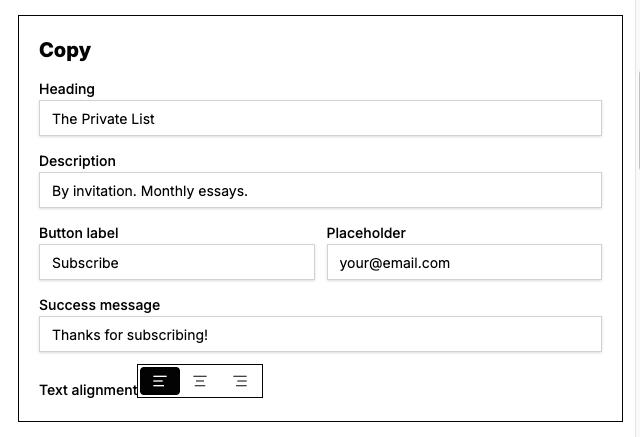 Copy panel with heading, description, button label, placeholder, success message and text alignment