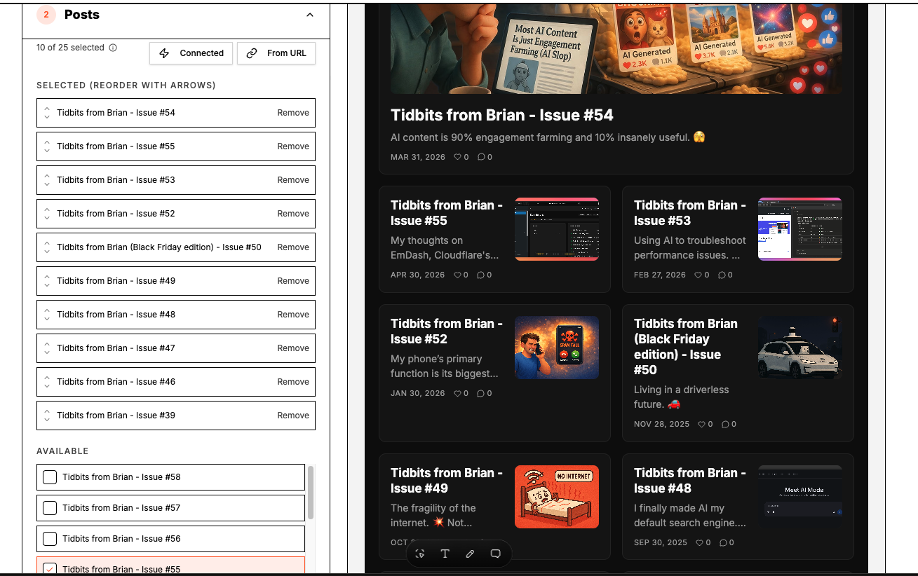 Posts panel with Connected and From URL buttons, selected posts with reorder arrows and available posts list