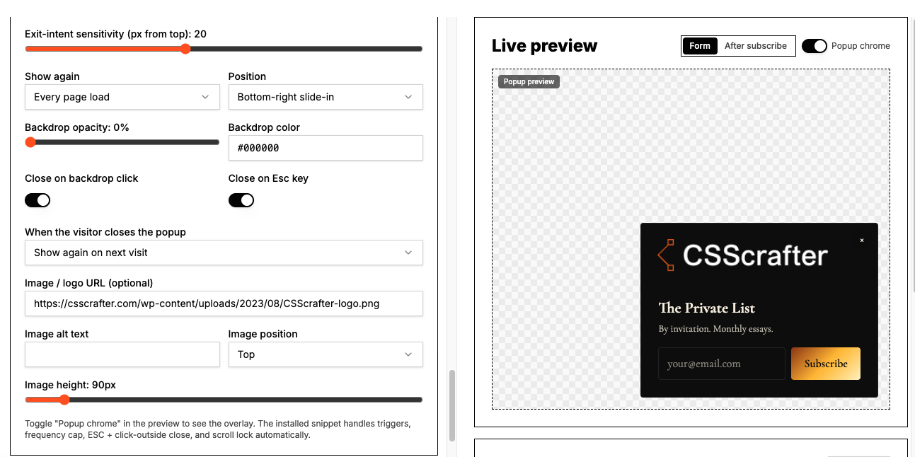 Popup settings including sensitivity, frequency, position, backdrop, close behaviour and image options