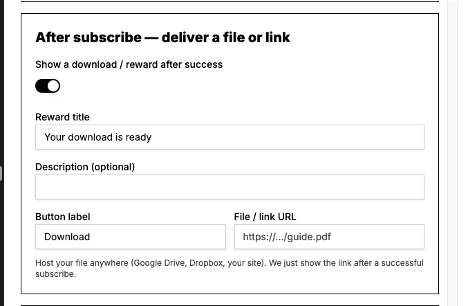 After subscribe panel with reward toggle, title, description, button label and file URL