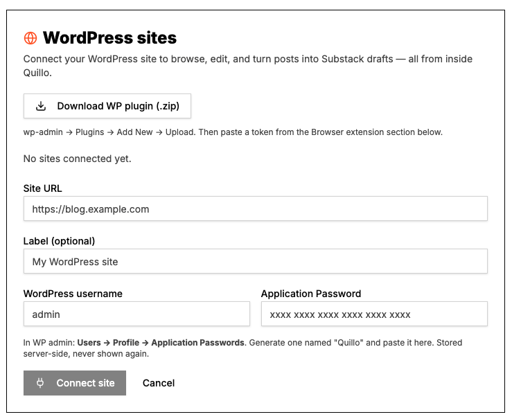 Quillo Settings WordPress sites form with Site URL, label, WordPress username and Application Password fields