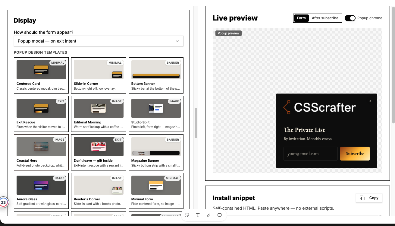 Display panel with the appearance select and a grid of popup design templates