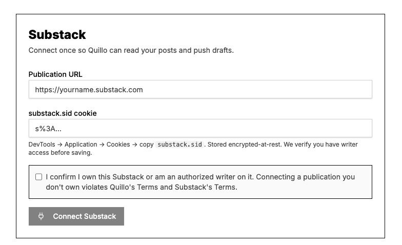 Quillo Substack connection form showing the publication URL and substack.sid cookie fields