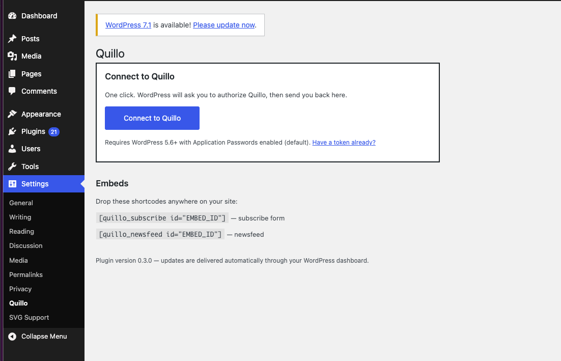 WordPress admin Settings → Quillo page showing the Connect to Quillo button and embed shortcodes