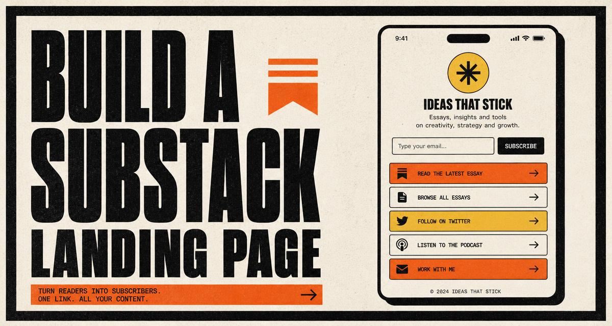 Editorial poster reading Build a Substack landing page next to an illustrated mobile link in bio page