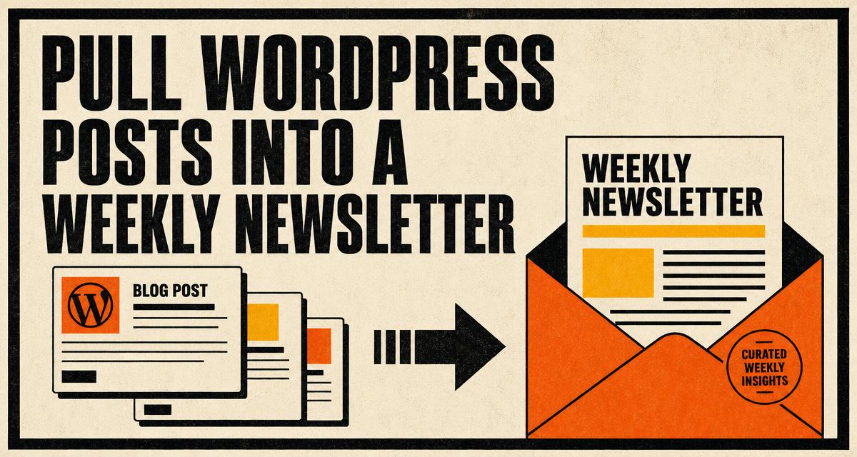 Editorial poster reading From WordPress to a weekly newsletter with post cards flowing into an issue