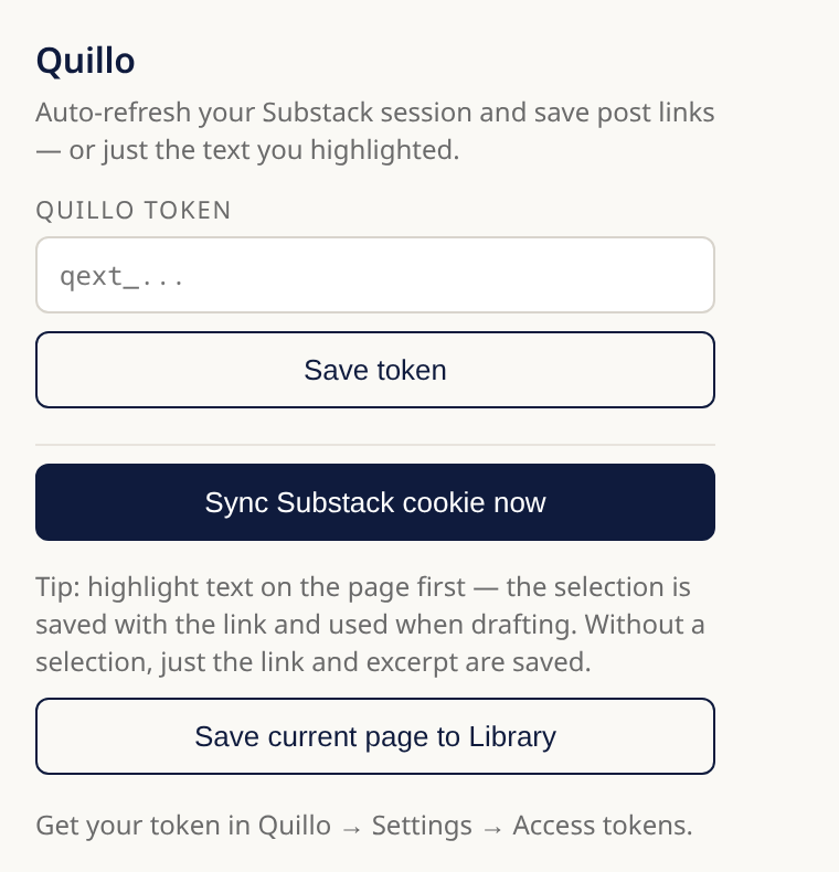 Quillo Chrome extension popup with the save to library action