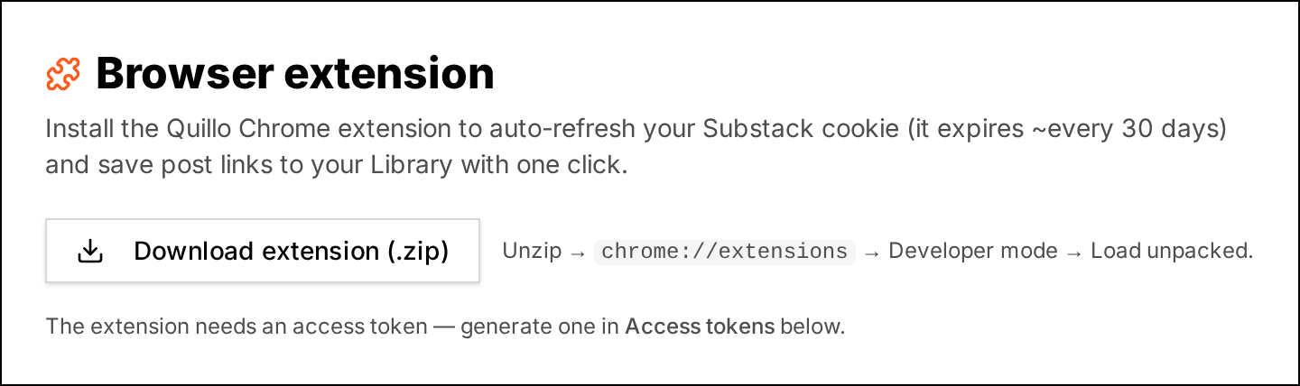 Quillo settings screen showing the browser extension token section