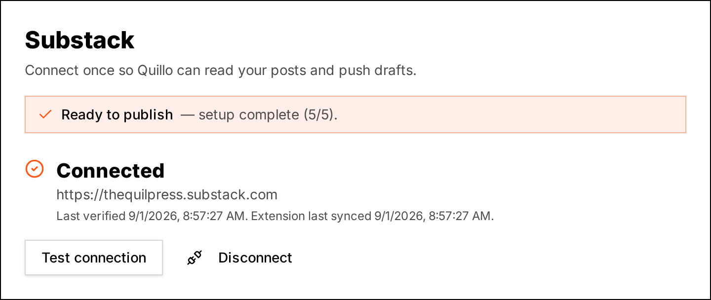 Quillo settings showing the Substack connection panel and publication URL